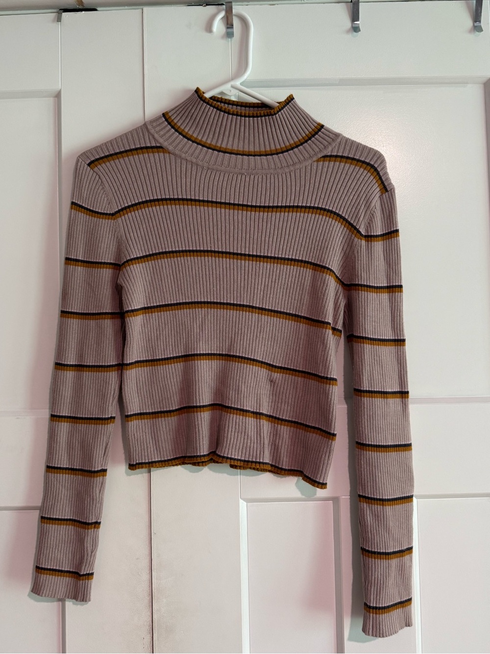 Striped Mock Neck Ribbed Sweater Top - Taupe with Mustard Trim